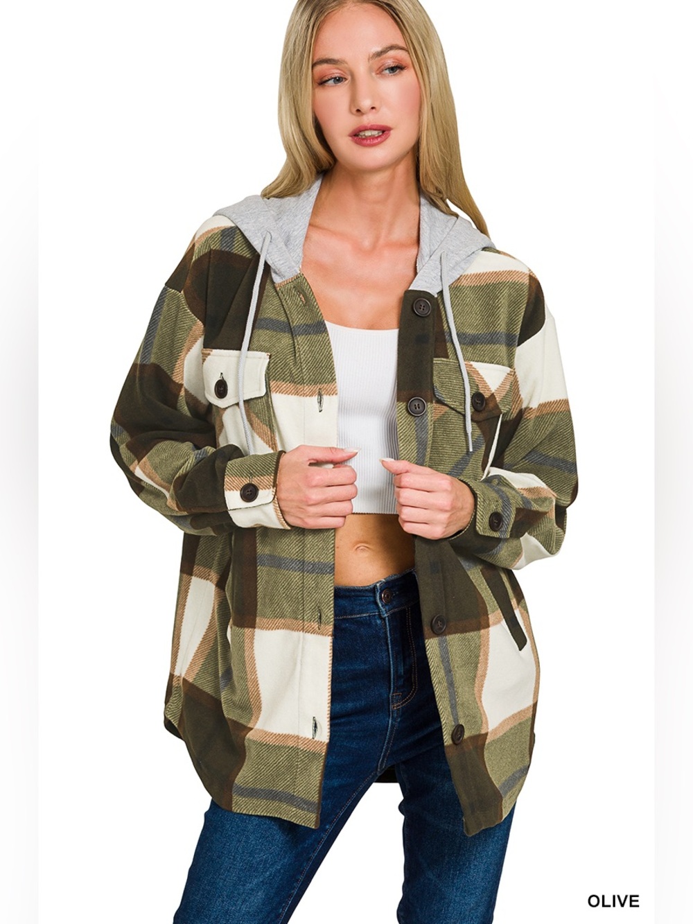Zenana PLAID DRAWSTRING HOODED FLEECE SHACKET - Picture 2 of 3